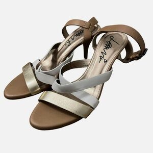 Vintage Lanvin Brown / White / Metallic Gold Strappy Sandals Heels